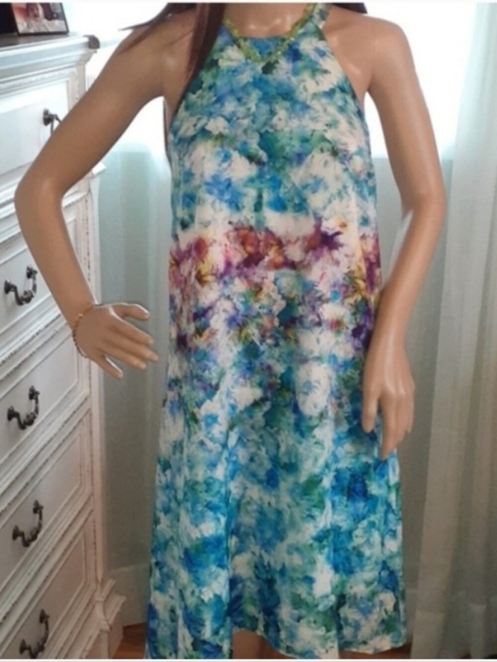 Anthropology Charlie Jade Summer Halter Dress Blue Watercolor Coastal L